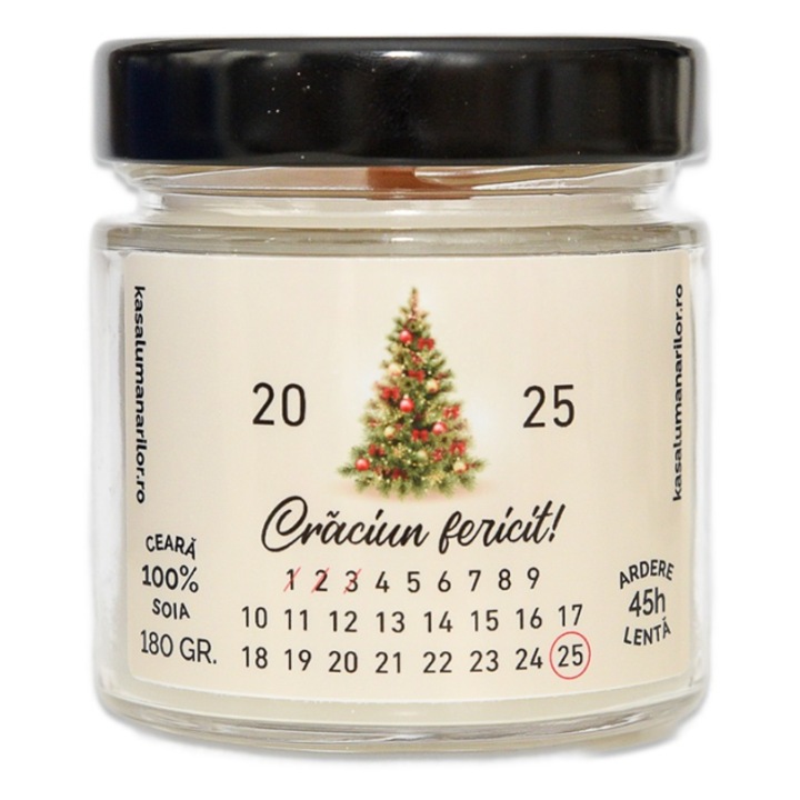 Lumanare parfumata din soia, Advent Calendar de Craciun, cu fitil de lemn, ardere 45h, 180 gr
