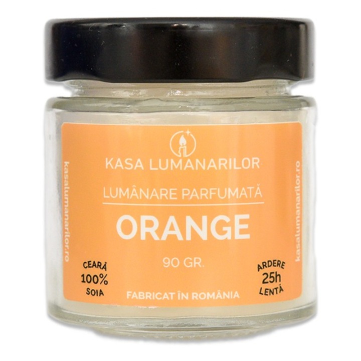 Lumanare parfumata din soia, Orange, cu fitil de lemn, ardere 25h, 90 gr