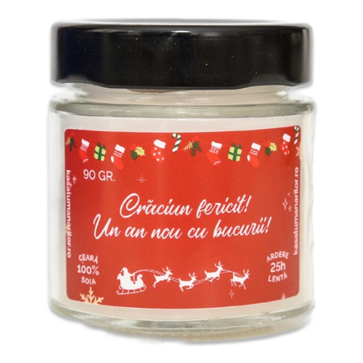 Lumanare parfumata din soia, Craciun fericit, cu fitil de lemn, ardere 25h, 90 gr