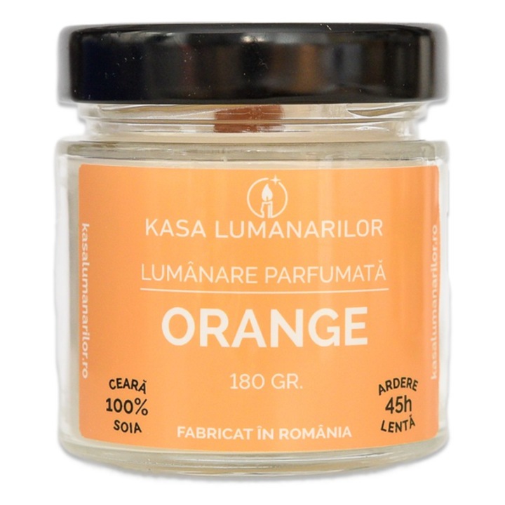 Lumanare parfumata din soia, Orange, cu fitil de lemn, ardere 45h, 180 gr