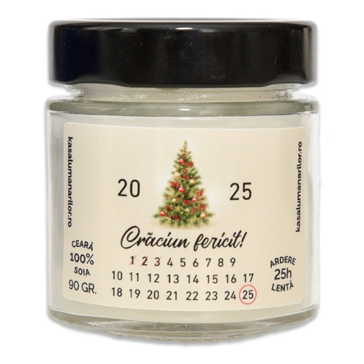 Lumanare parfumata din soia, Advent Calendar de Craciun, cu fitil de lemn, ardere 25h, 90 gr