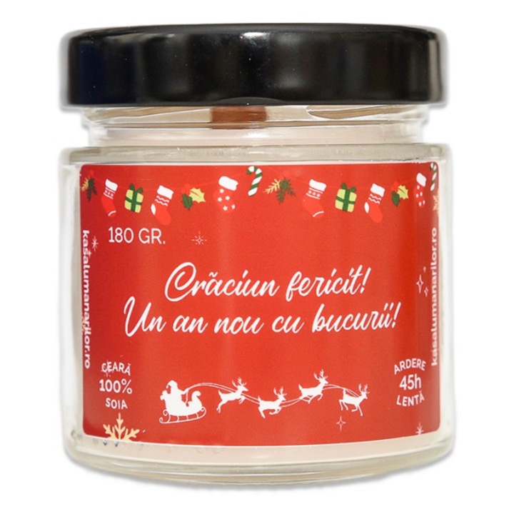 Lumanare parfumata din soia, Craciun fericit, cu fitil de lemn, ardere 45h, 180 gr