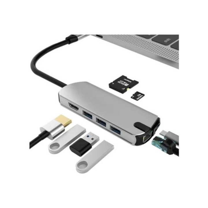Hub USB-C 8 in 1 cu Ethernet Gigabit, 3 USB 3.0, 4K HDMI, cititor de carduri, gri