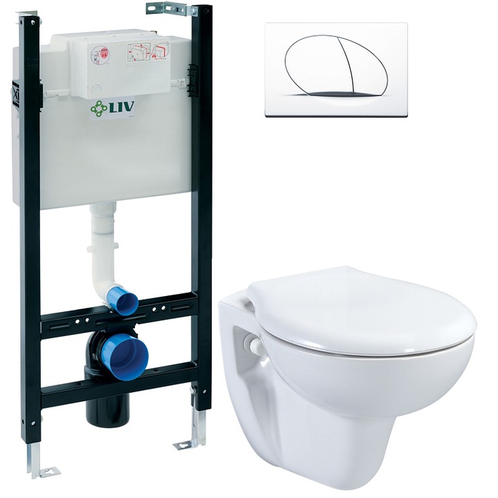 Set 2 in 1 Toaleta Mozy Compact 49 cm cu spalare standard american BOX-RIM, Rezervor LIV, capac soft and slim, clapeta alba