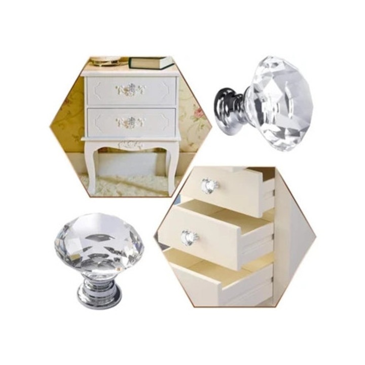 Set 6 impingatoare din sticla 30mm, forma de diamant, feronerie pentru mobila