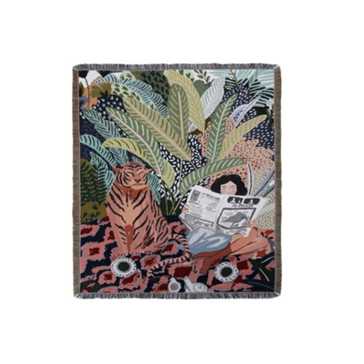 Manta boho cu franjuri, 160x130cm, multicolor, pentru canapea si relaxare