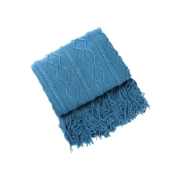 Manta de sofa, 130x230cm, multicolor, cu pomponi, pentru dormit