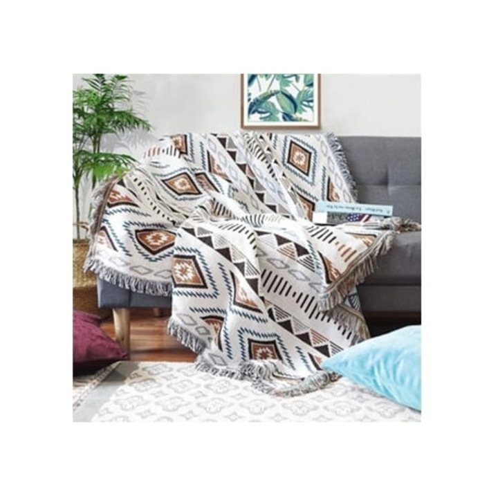 Cuvertura Boho, 130x160cm, tricotata cu ciucuri, decor rustic, pentru interior si exterior