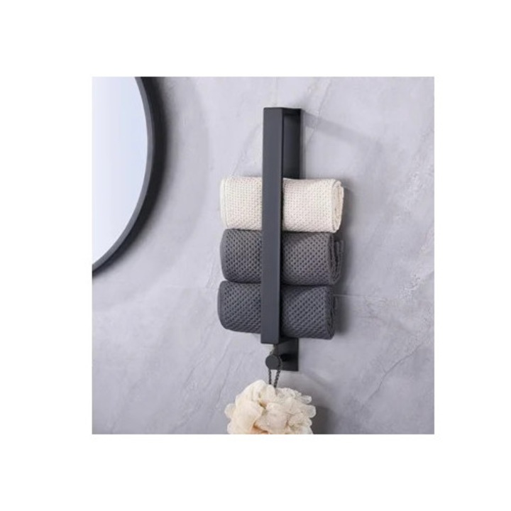 Suport pentru prosop autoadhesiv din inox, cu carlig negru, 40cm