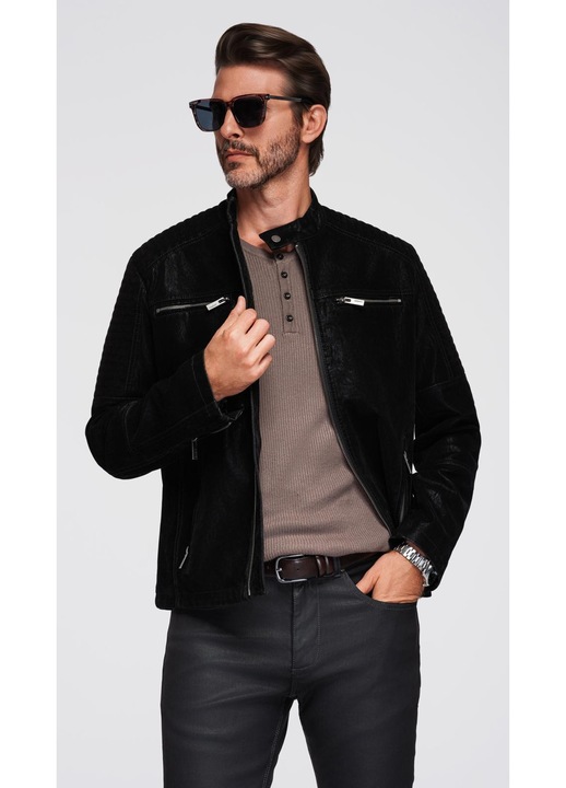 Jacheta de motociclista eleganta OMBRE C637, Negru, Negru