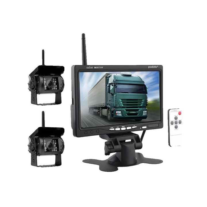 Monitor wireless 7 inch, camera de rezerva, rezistent la apa, viziune nocturna, set 2Cam