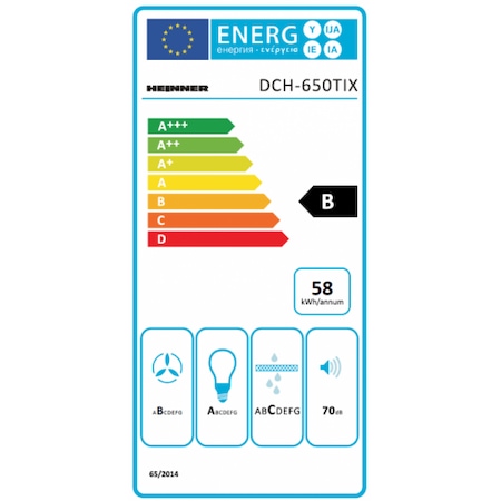 Hota decorativa Heinner DCH-650TIX, Putere absorbtie 623.9 m3/h, 1 motor, 60 cm, Control touch, Timer, Inox + Sticla neagra