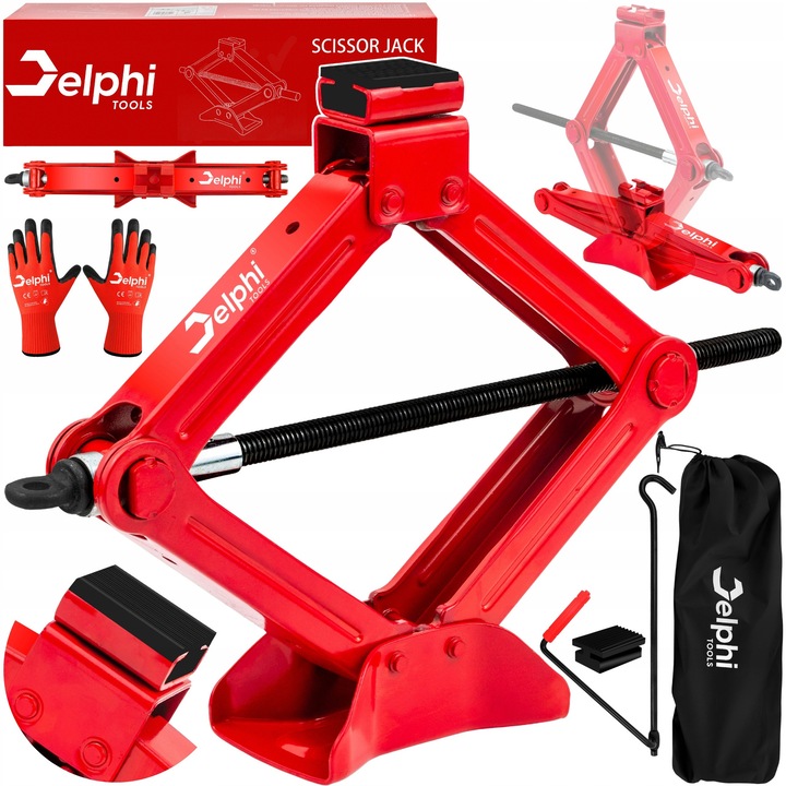 Cric auto trapezoidal, Delphi Tools, 2t, 115-410 mm, 2000 kg, tampon de cauciuc, maneta, geanta de depozitare, manual de utilizare, manusi de lucru, rosu, otel de inalta rezistenta, compact, stabil