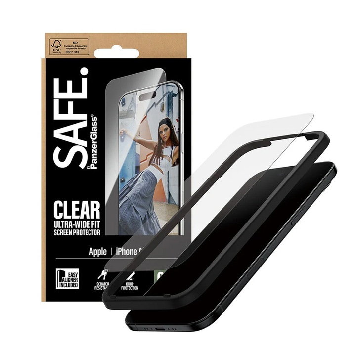 Folie pentru iPhone 17 Air - PanzerGlass® SAFE. Ultra-Wide Fit Screen Protector w. EasyAligner - Clear