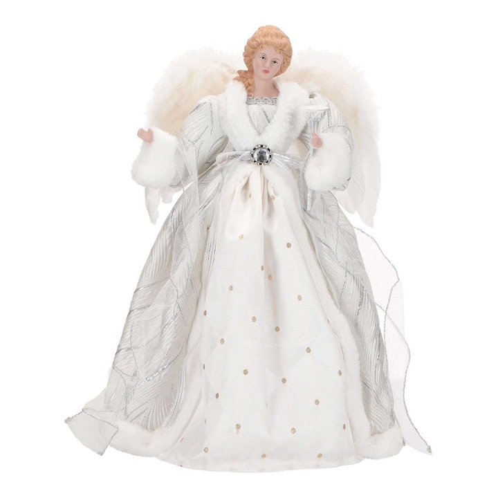 Varf de brad inger din portelan, alb cu argintiu, inaltime 42 cm