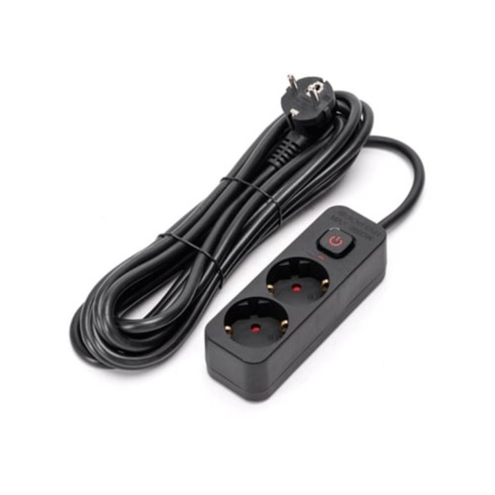 Разклонител Aigostar, 2 контакта, 5м кабел, черен