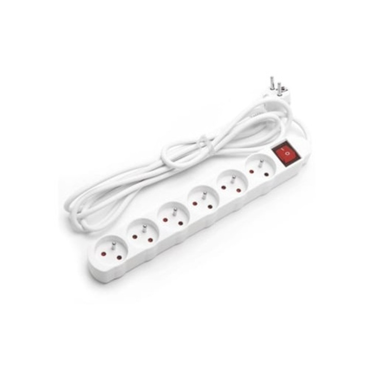 Prelungitor 6 prize cu intrerupator si protectie pentru copii, 3 m, alb, 3680W, 16A 250V