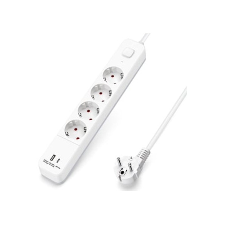 Prelungitor cu 4 prize, 5 m cablu, USB TYPE C, alb