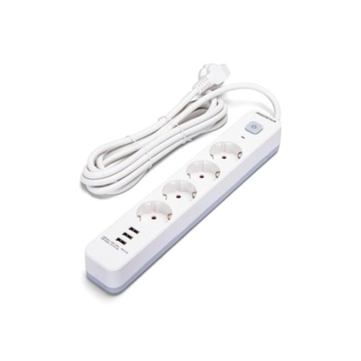 Prelungitor cu 4 prize, 3 metri cablu, 3 USB