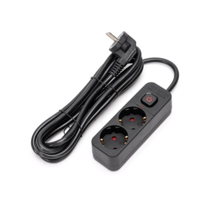 Разклонител Aigostar, 2 контакта, кабел 3 метра, черен
