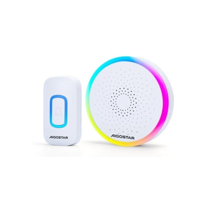 Sonerie wireless RGB, waterproof, 5 niveluri de volum, 60 melodii, alb