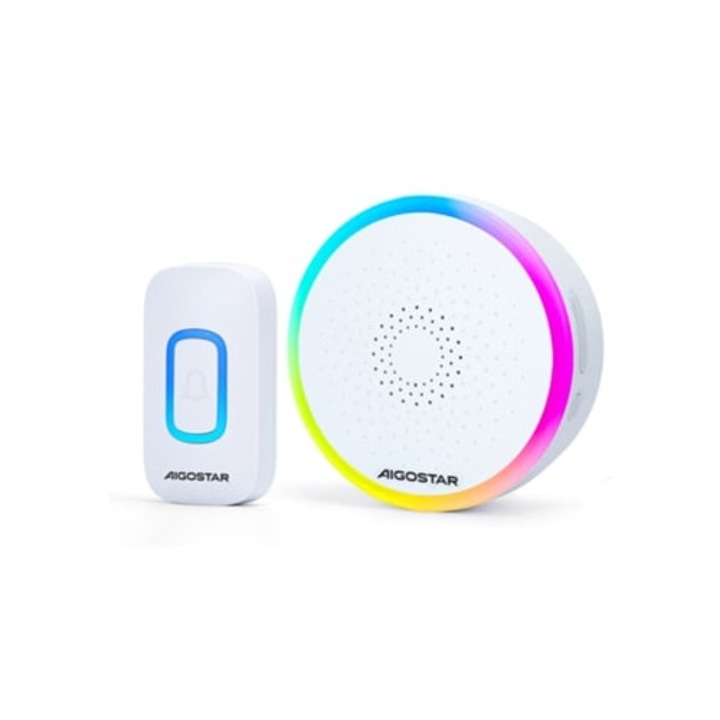 Sonerie wireless RGB, impermeabil, 5 niveluri de volum, 60 melodii, alb