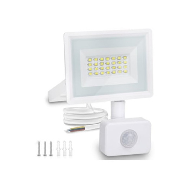 Proiector LED 20W cu senzor de miscare PIR, 1650lm, IP65, lumina alba rece 6500K