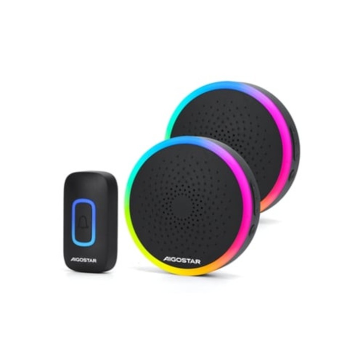 Sonerie wireless RGB, IP55, rezistent la apa, 5 niveluri de volum, 60 melodii, set cu 2 receptoare si 1 transmitter, negru