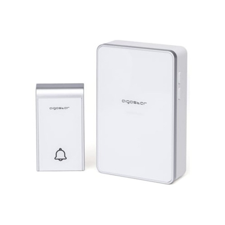 Sonerie electrica Ring, wireless, impermeabila, 36 melodii, 3 niveluri de volum, LED, alimentata cu baterii, alb