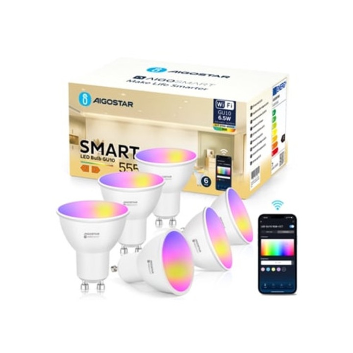 Bec LED Gu10 6.5W RGB 2700K-6500K, Ajustabil, Control prin aplicatie, Set