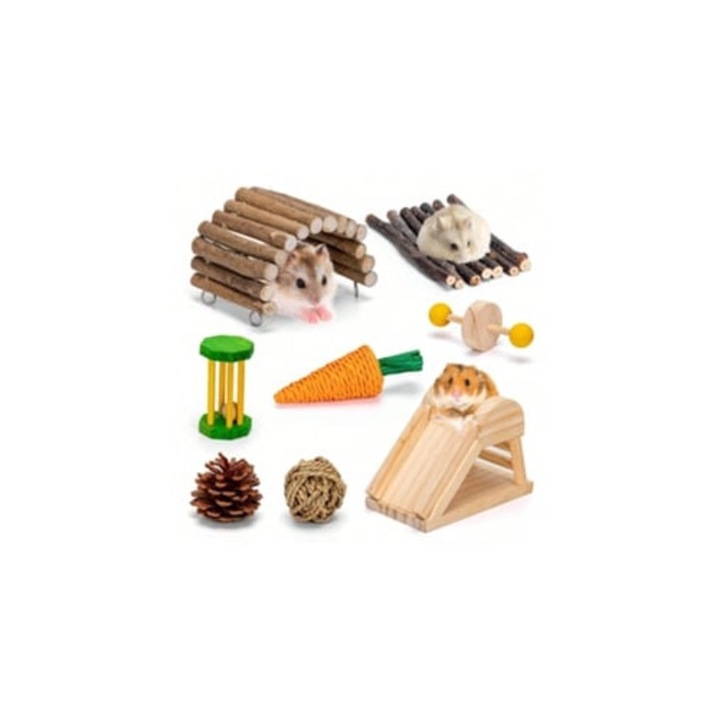 Jucarii pentru animale, NOBLEZA, set jucarii din lemn pentru hamsteri, pentru mestecat, aruncat, multicolor