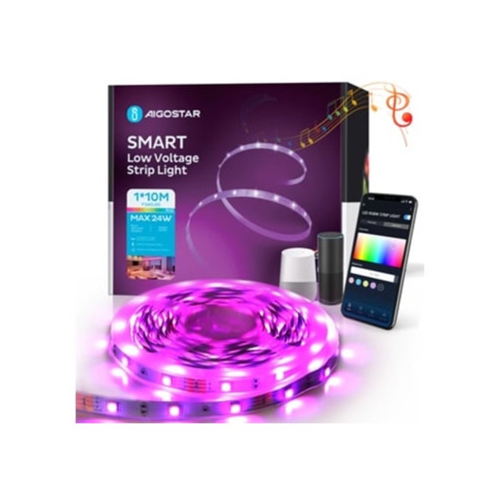 LED ленти RGB 10м, управление чрез приложение и дистанционно, 16 милиона цвята, многоцветни