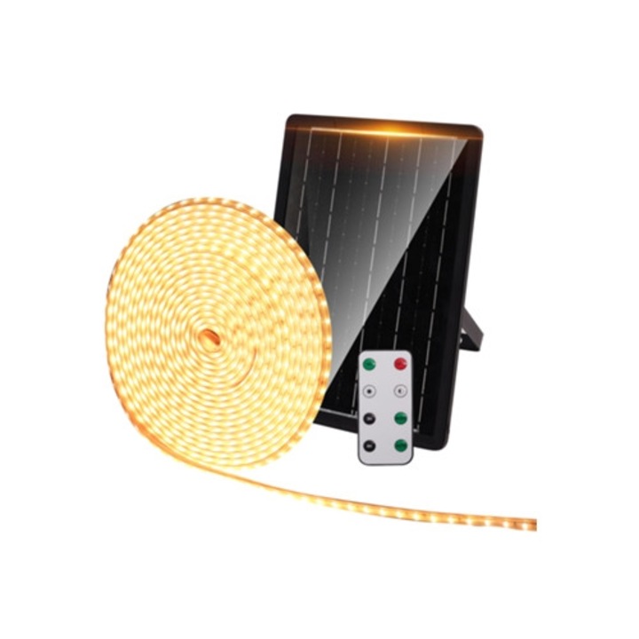 Banda LED solara de exterior 20m, 1200 LED-uri, lumina calda, impermeabila IP65, cu telecomanda