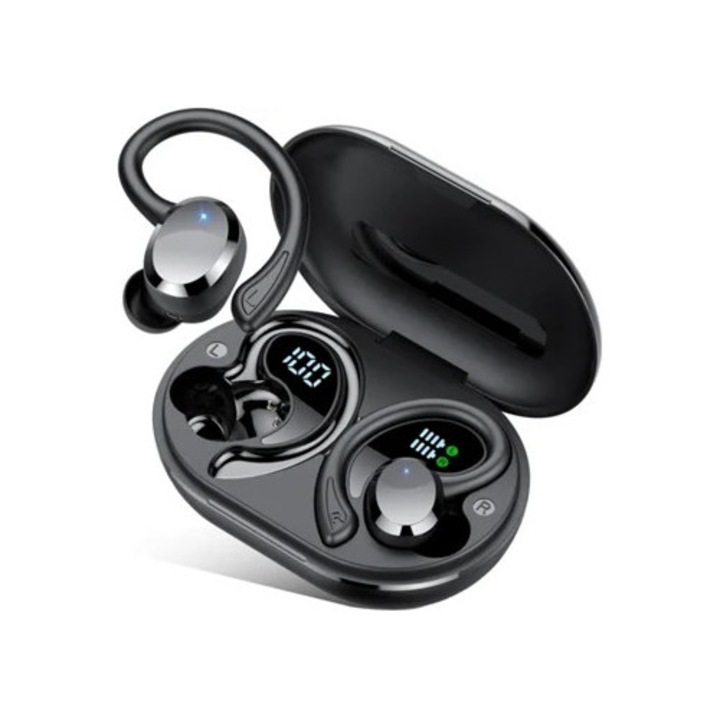 Bluetooth 5.4 vezeték nélküli sport fejhallgató, 68 óra lejátszási idő, LED kijelző, beépített mikrofon, vízálló fülre helyezhető akasztók