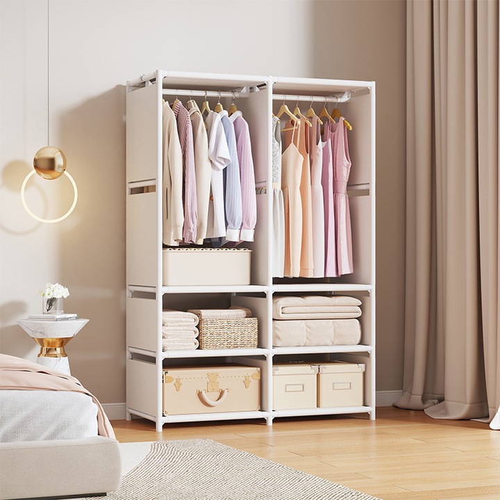 Dulap textil organizator, 2 coloane, alb, cadru metalic, 170x108x36 cm. Alb