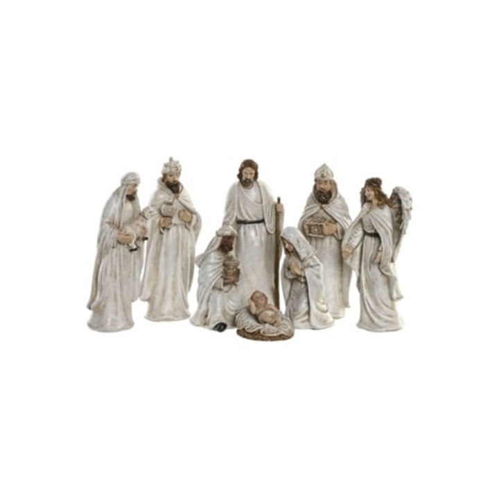 Set figurine Craciun Home Esprit scena nasterea, rasina alba, 8x6x19cm, 8 piese