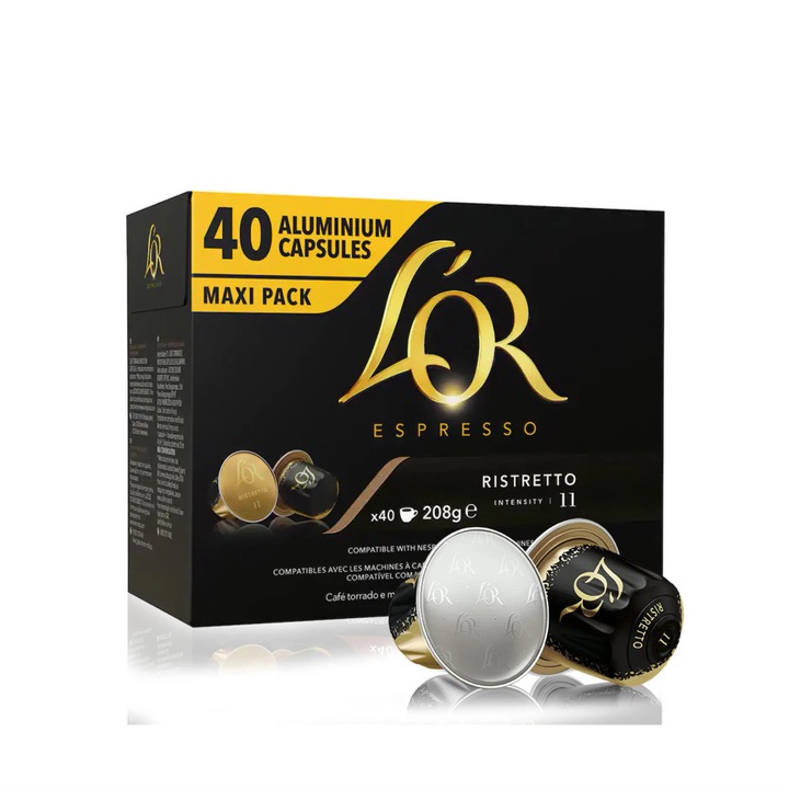 Capsule de cafea L'or Ristretto, 40 capsule aluminiu, cafea intensa, 200g