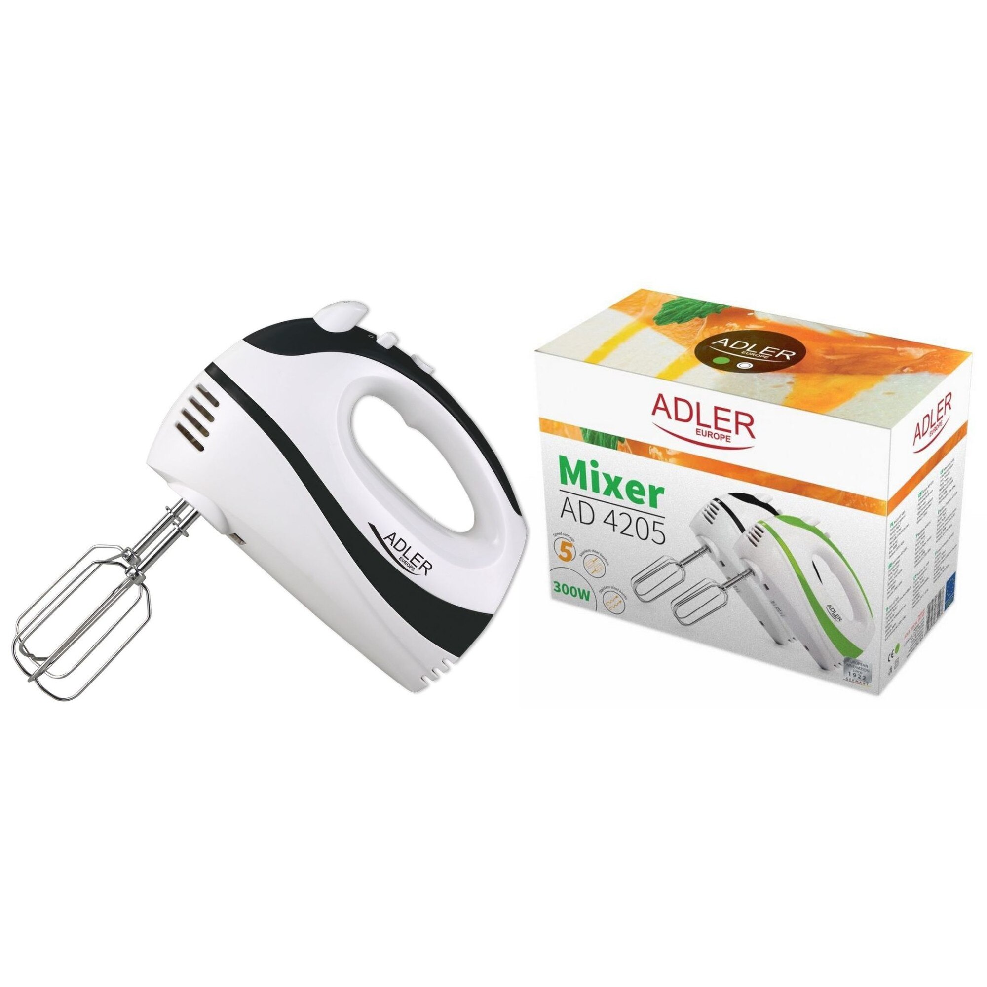 Mixer de mana ADLER AD4205, 300W, 5 viteze+Turbo, Alb/Negru