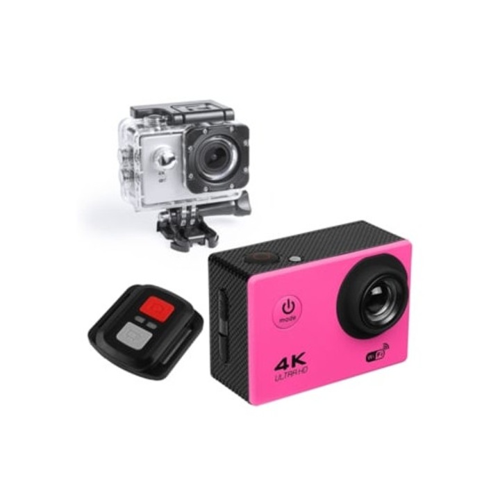 Екшън камера Klack Pro 4K, розова, с дистанционно управление, включени аксесоари за монтаж