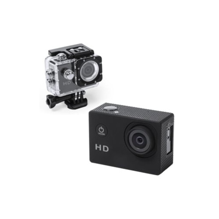 Екшън камера Klack Full HD 1080p, водоустойчива, черна, с включени аксесоари за монтаж