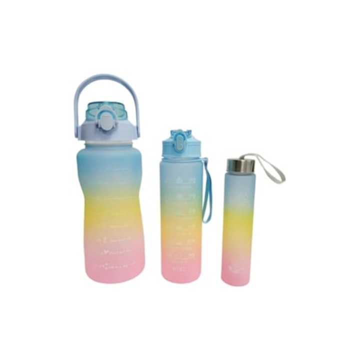 Set bidoane Klack Rainbow, 2L, 900ml, 300ml, rezistente la scurgeri, cu suport pentru telefon, fara BPA