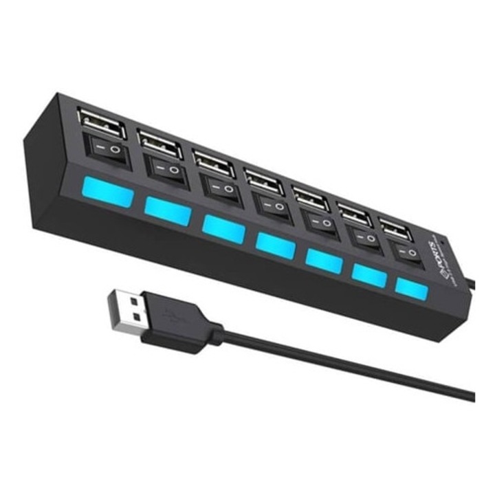 USB elosztó, 7 portos, többszínű