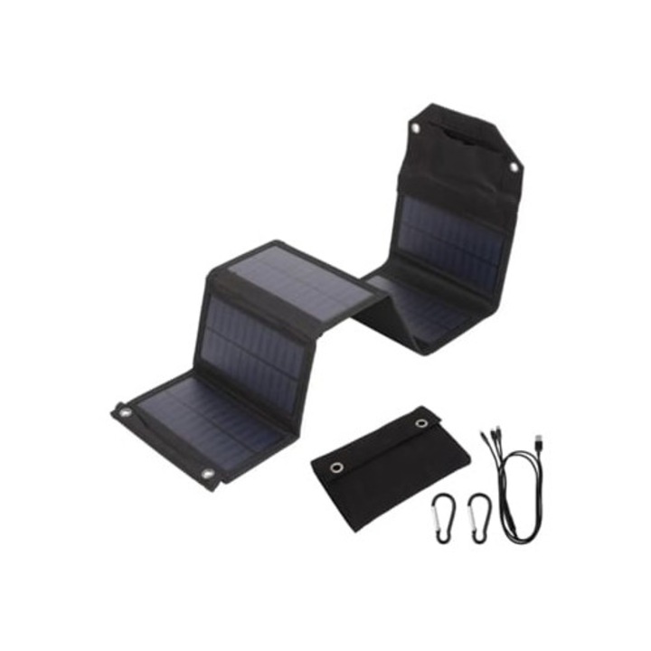 Panou solar portabil pliabil 60W, 6 panouri, 2 iesiri USB, carabiniere, cablu 3-in-1, articole solare camping