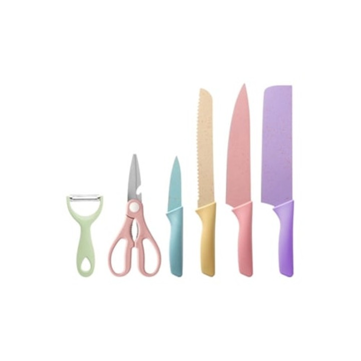 Set de 6 piese cutite, foarfeca si curatator de bucatarie, inox, antiaderent, culori pastel