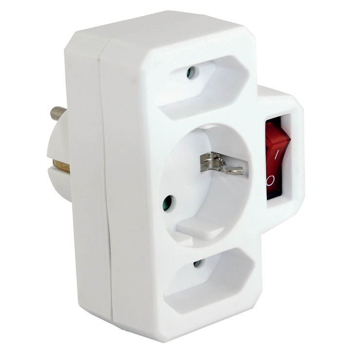 Adaptor cu intrerupator 2Prizex2.5A 1Prizax16A Alb