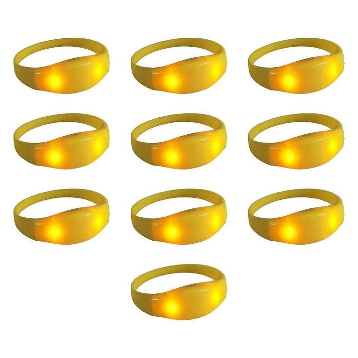 Комплект от 10 светещи силиконови гривни, звуково активиране, жълти, 2.5x7см