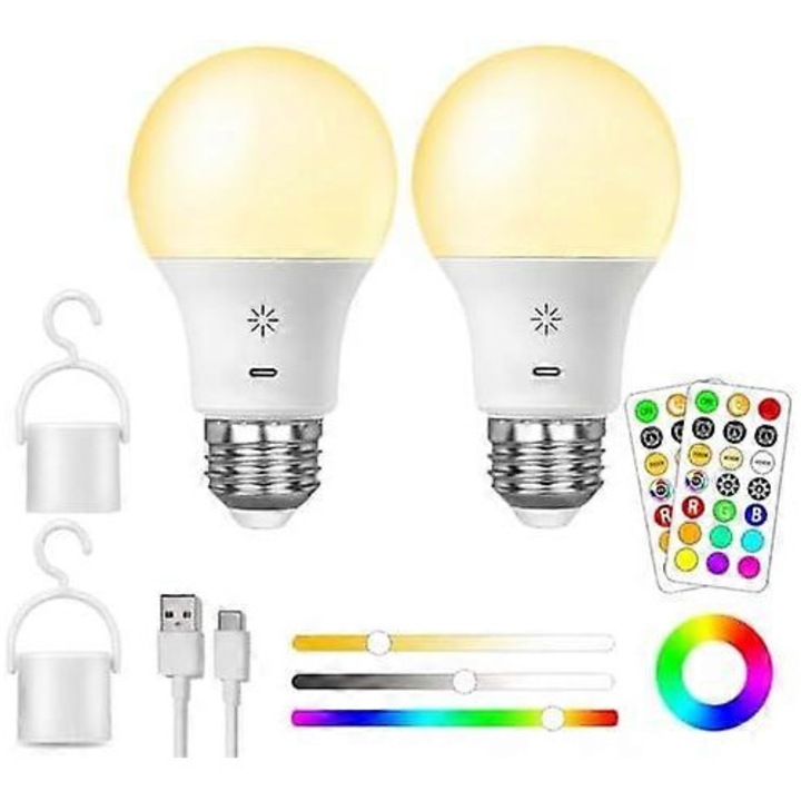 Презареждаема LED крушка с дистанционно управление, 8W, 9 RGB цвята, 3 цветови температури, E27, димируема, функция за таймер