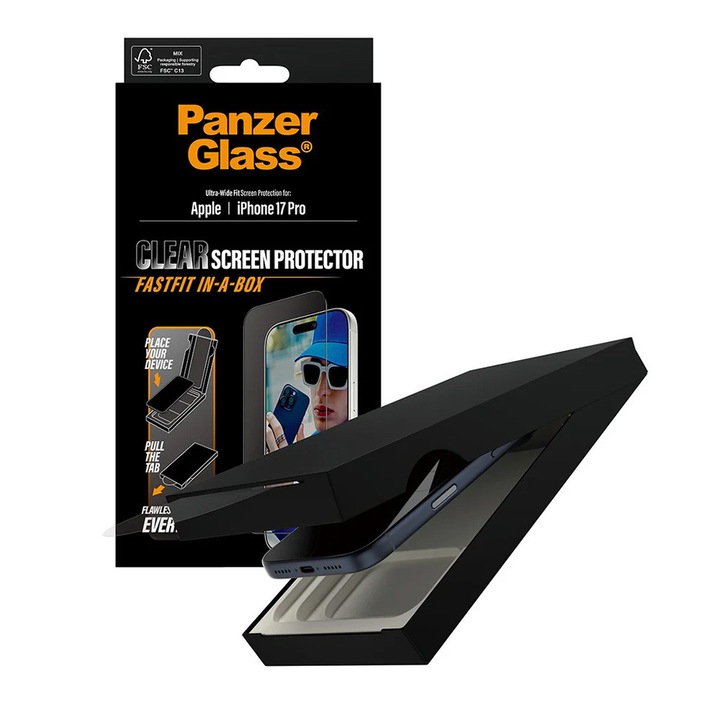 Folie pentru iPhone 17 Pro - PanzerGlass® Ultra-Wide Fit Screen Protector w. FASTFIT IN-A-BOX - Black