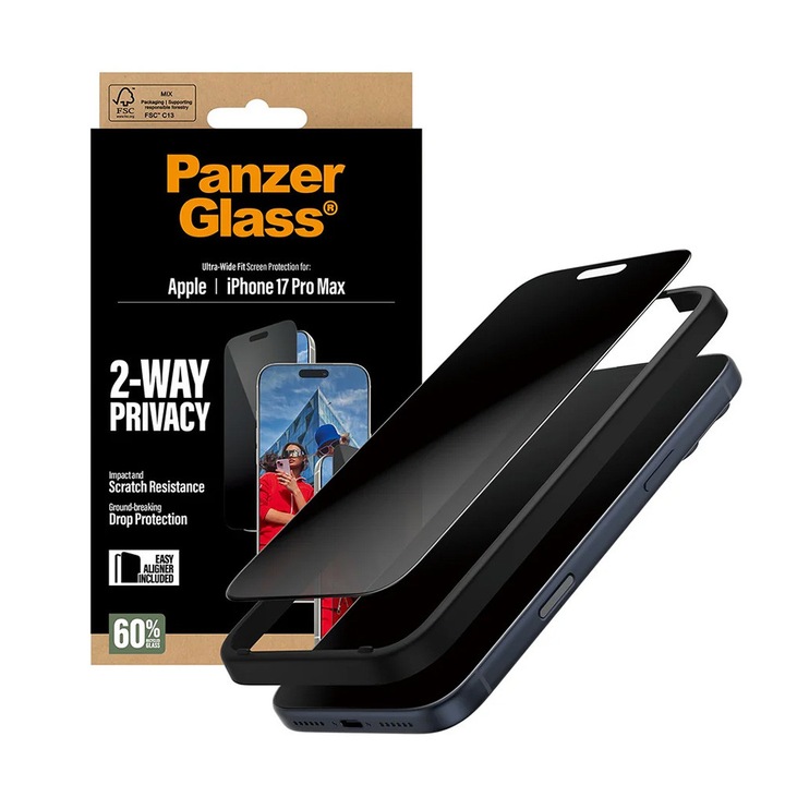 Фолио за iPhone 17 Pro Max - PanzerGlass® Ultra-Wide Fit 2-Way Privacy Screen Protector w. EasyAligner - Black