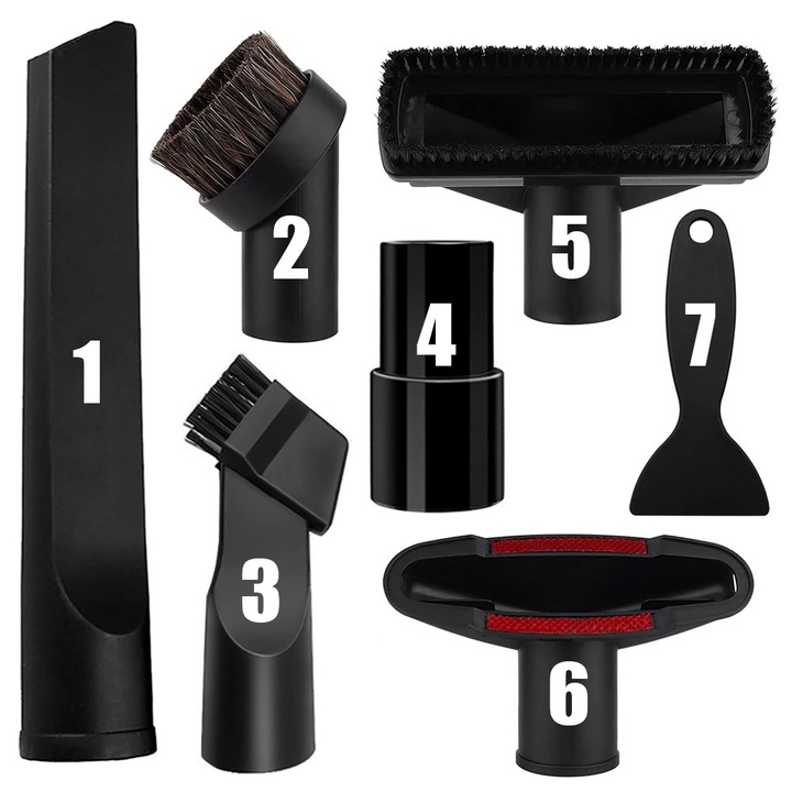 Set duze/perii universale pentru aspirator, diametru 32 mm, plastic/ABS, pentru indepartarea parului de animale, pentru curatare tapiterie si covoare, 7 buc